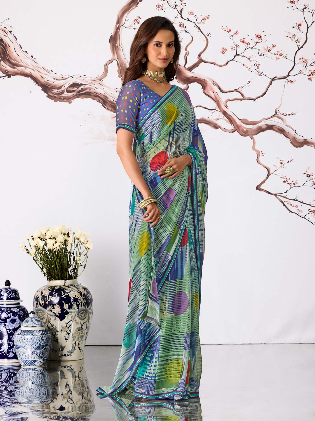Blue geometric printed georgette saree casual wear