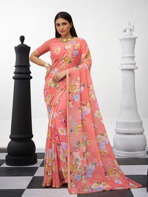 Peach floral printed georgette saree elegant look