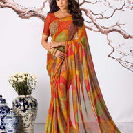 Orange abstract printed georgette saree party wear