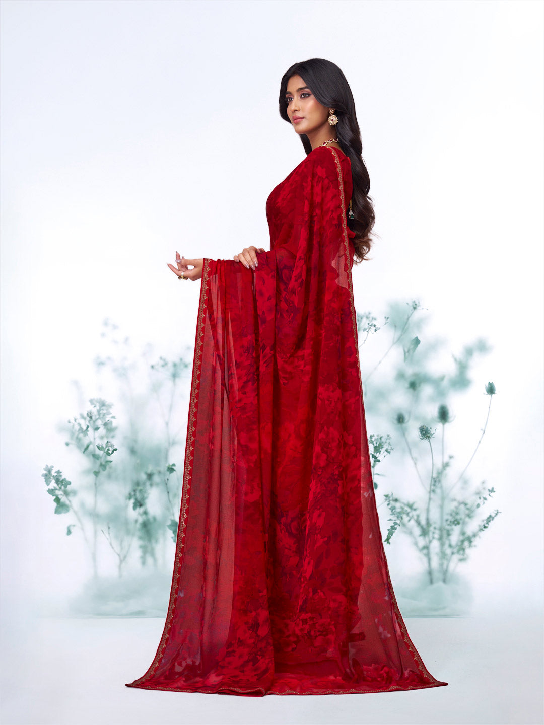 Red abstract printed georgette saree daily wear