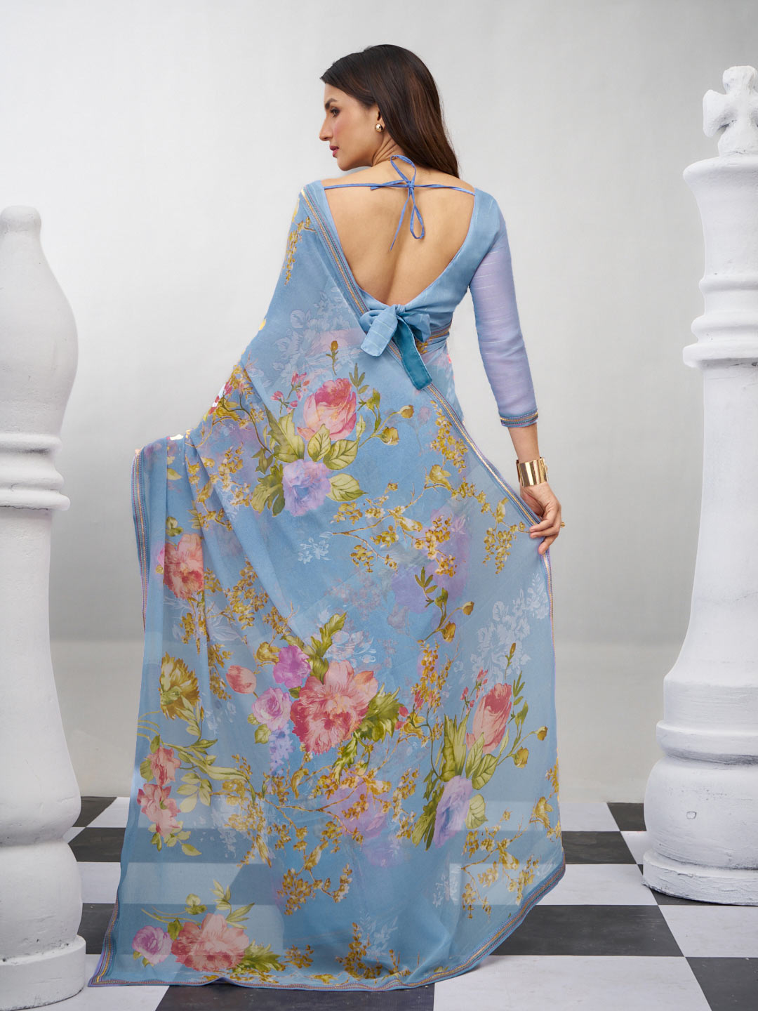 Blue trendy floral saree