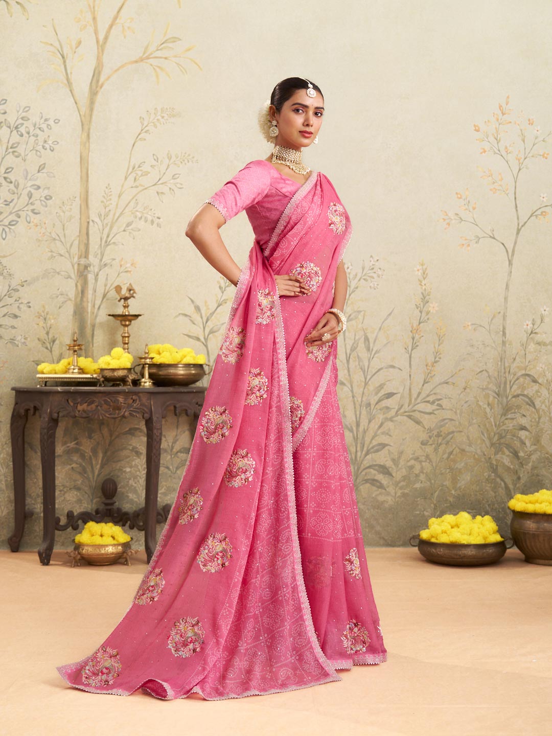 Pink floral embroidered chiffon saree wedding wear