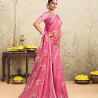Pink floral embroidered chiffon saree wedding wear