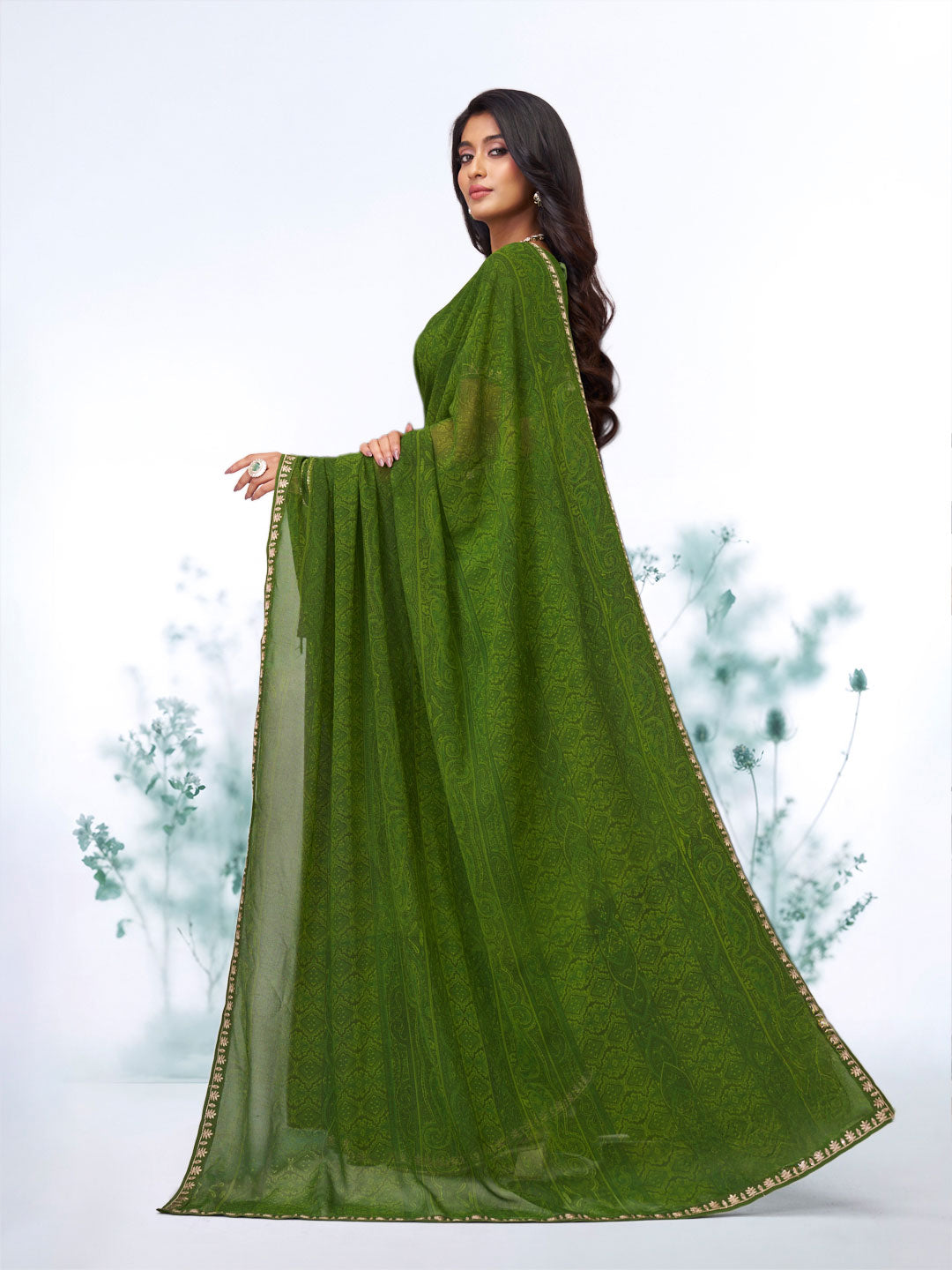 Green floral printed georgette saree festive wear