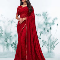 Red floral printed georgette saree festive wear