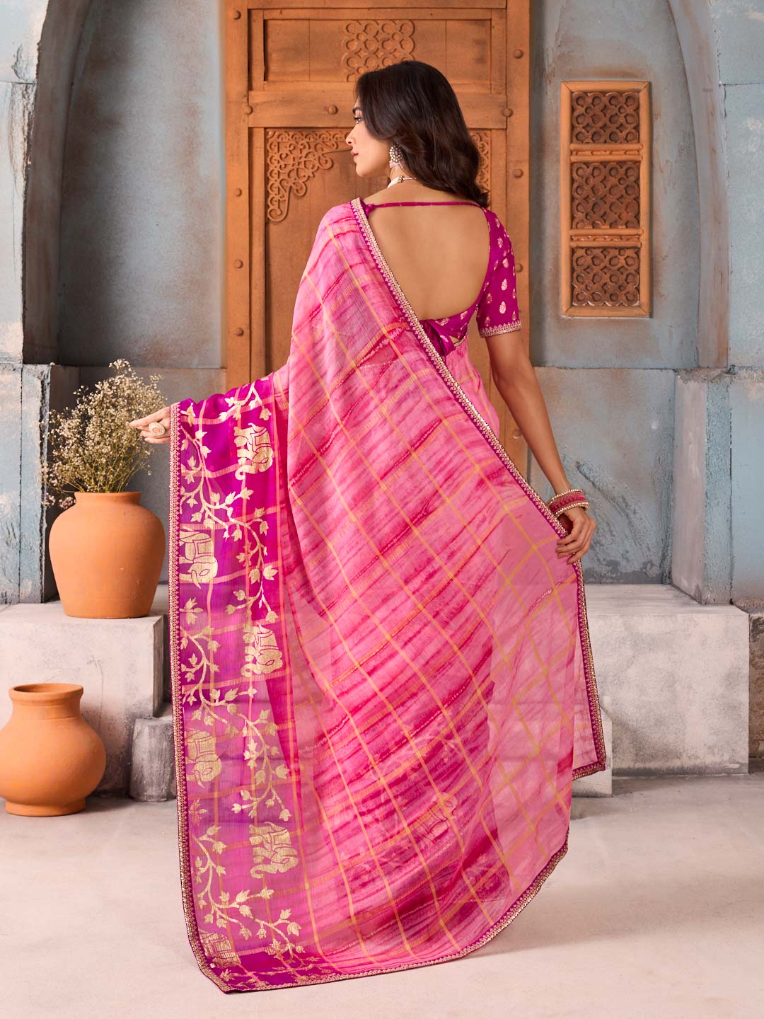 Pink gold embroidered chiffon saree daily wear