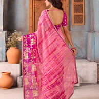 Pink gold embroidered chiffon saree daily wear