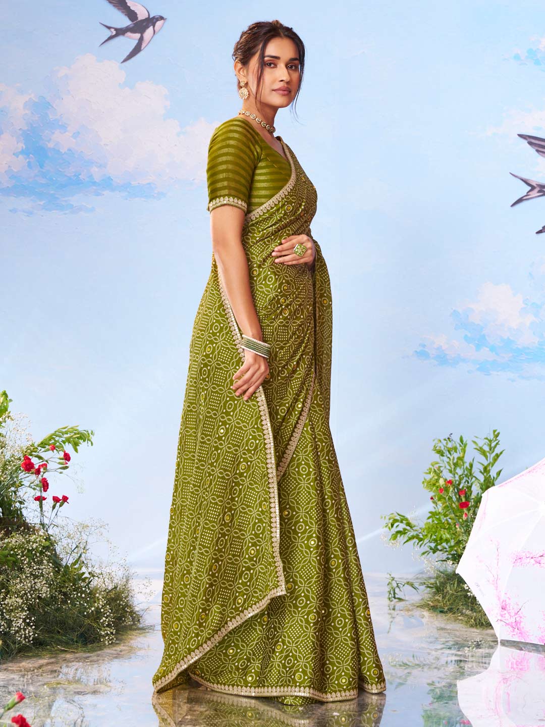 Green sequin work silk blend saree wedding wear