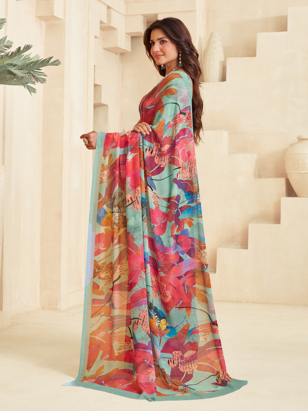 Teal printed saree daily use