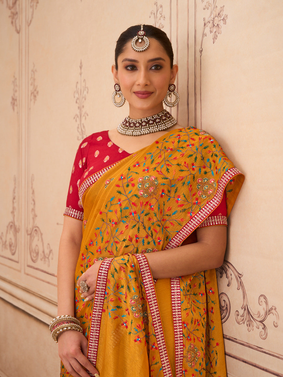 Orange floral embroidered chiffon saree wedding wear