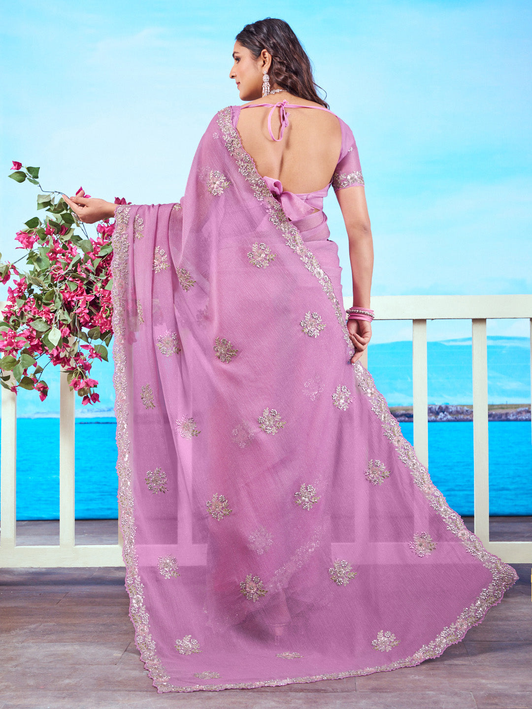 Purple floral embroidered chiffon saree elegant wear
