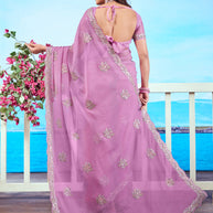 Purple floral embroidered chiffon saree elegant wear