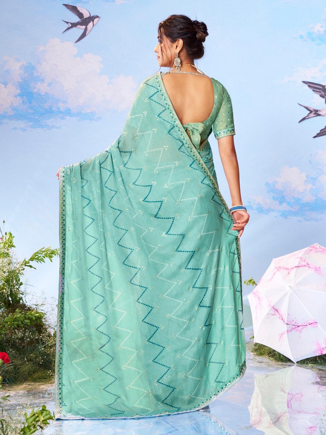  Blue sequin embroidered silk blend saree festive wear 