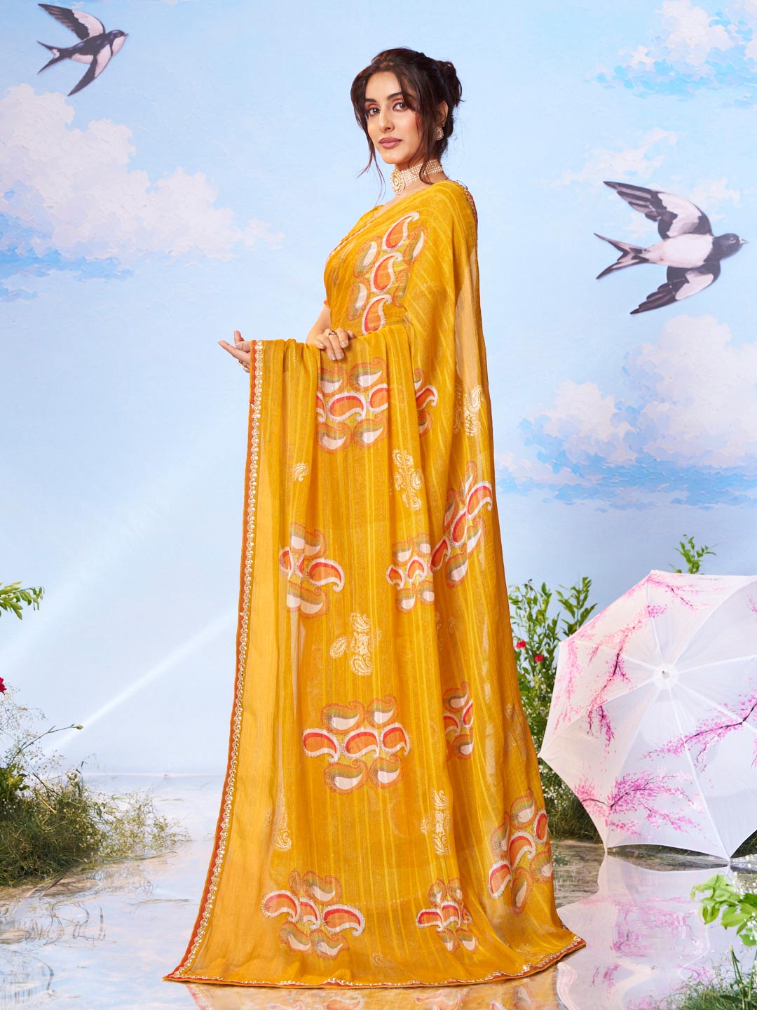 Yellow embroidered silk saree festive wear