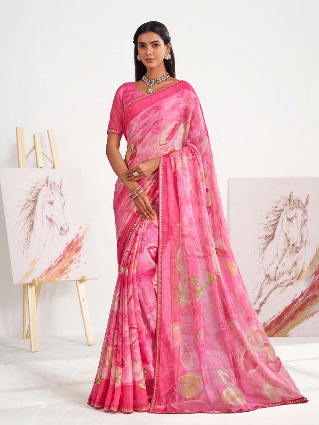 Laxmipati Murli Pink Chiffon Floral Saree