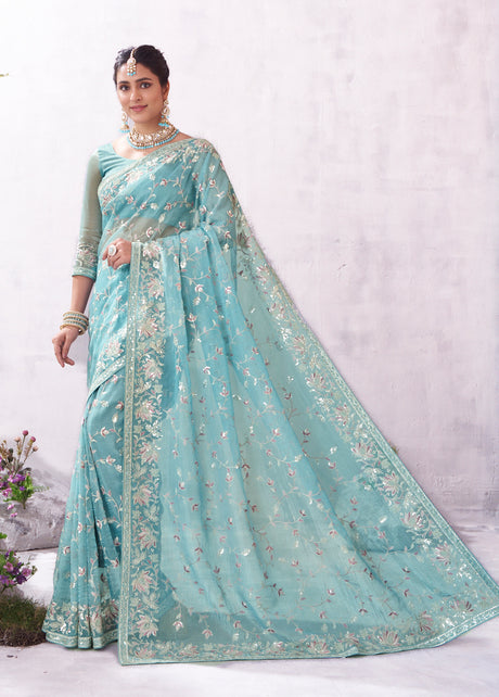 Blue floral embroidered organza saree elegant style