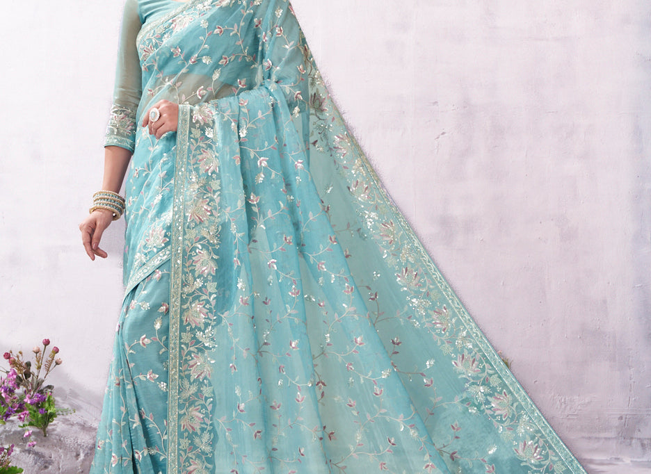 Blue floral embroidered organza saree elegant style