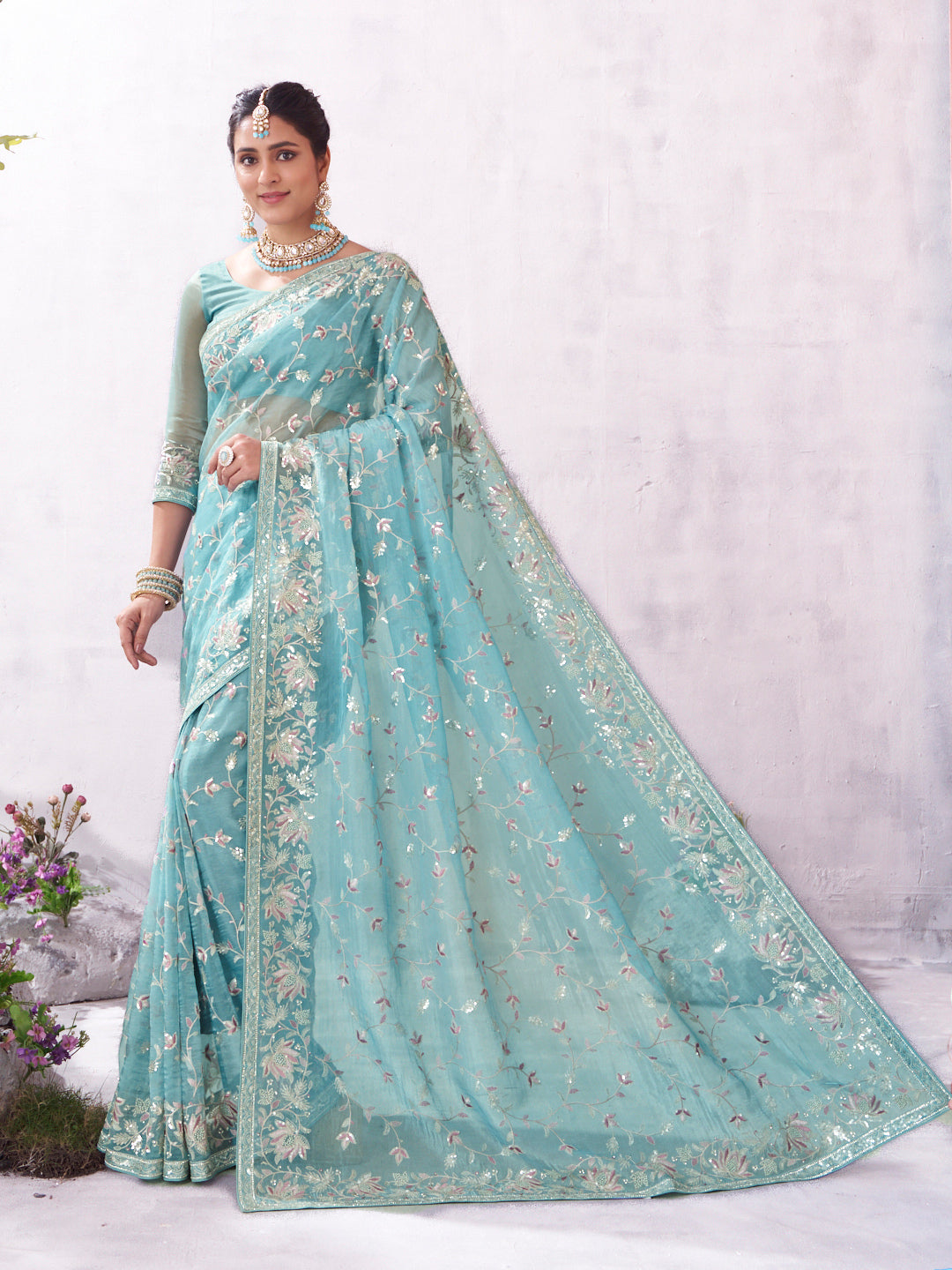 Blue floral embroidered organza saree elegant style