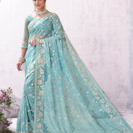 Blue floral embroidered organza saree elegant style