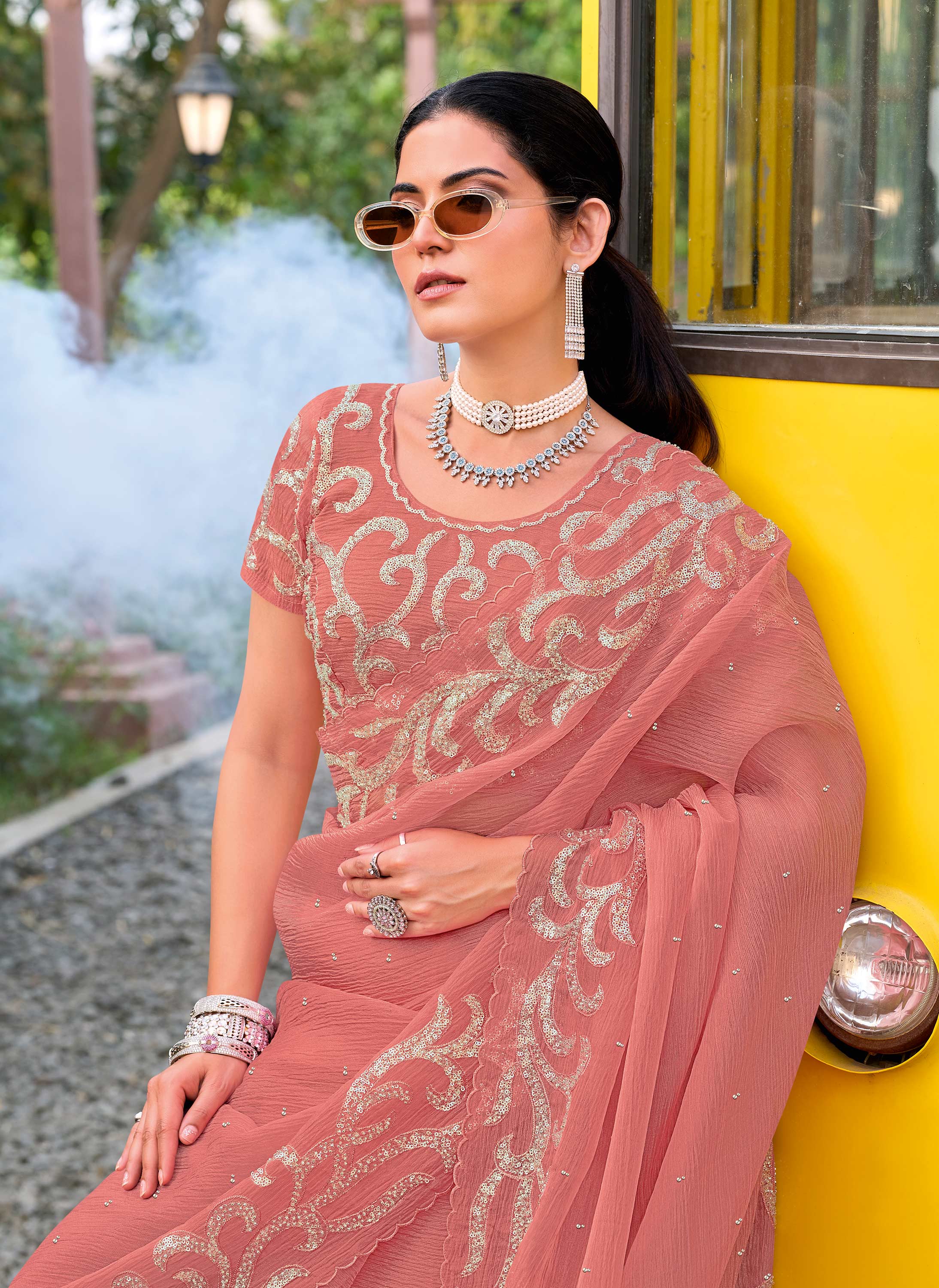 designer peach embroidery saree