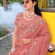 designer peach embroidery saree