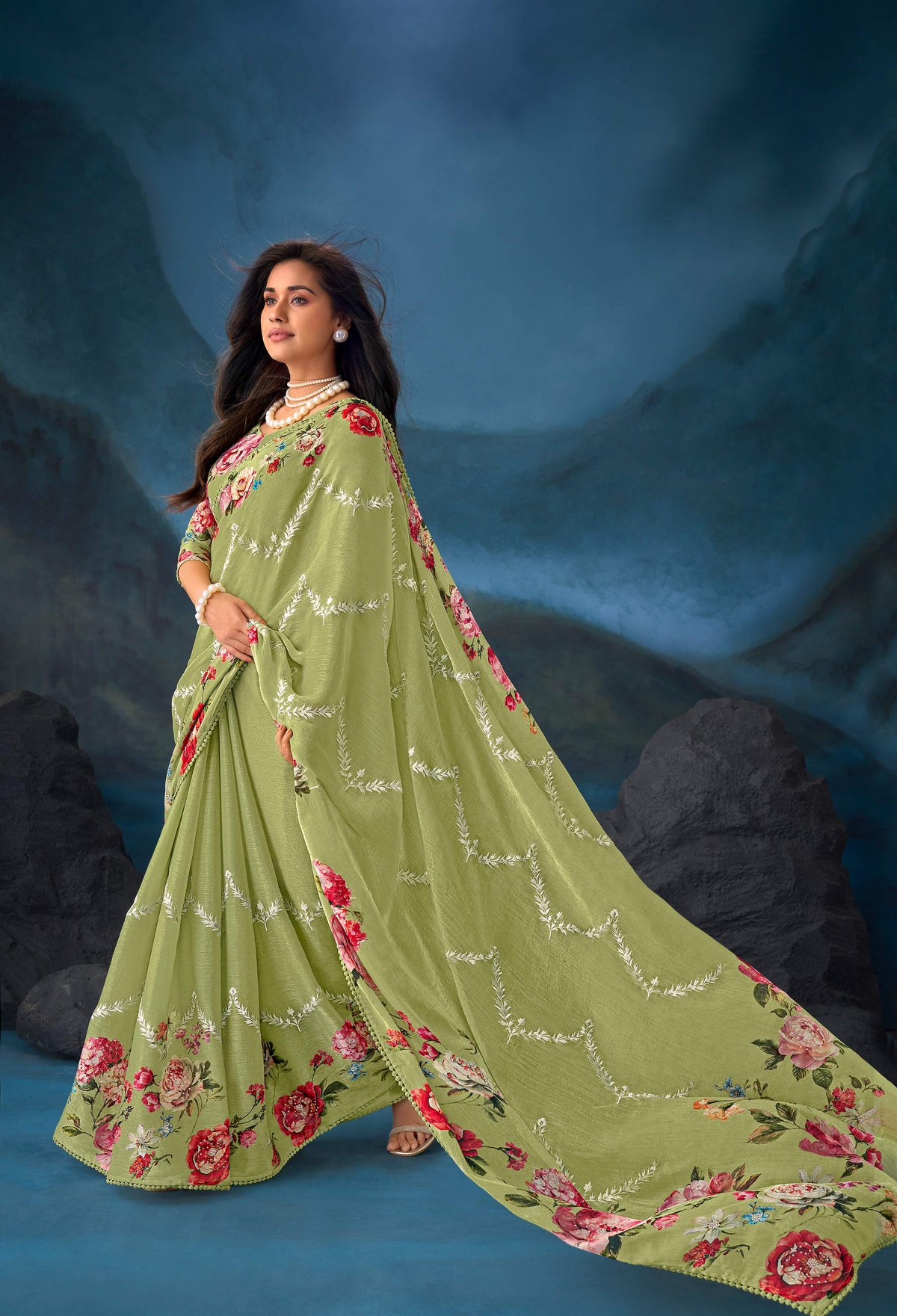 Green floral embroidered chiffon saree party wear