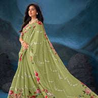 Green floral embroidered chiffon saree party wear