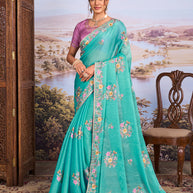 Blue floral embroidered silk blend saree festive wear