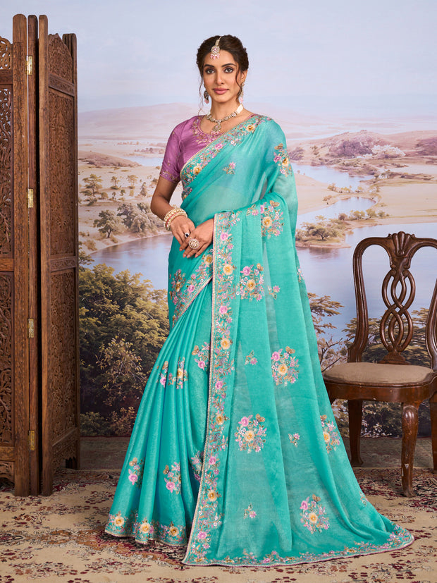Blue floral embroidered silk blend saree festive wear
