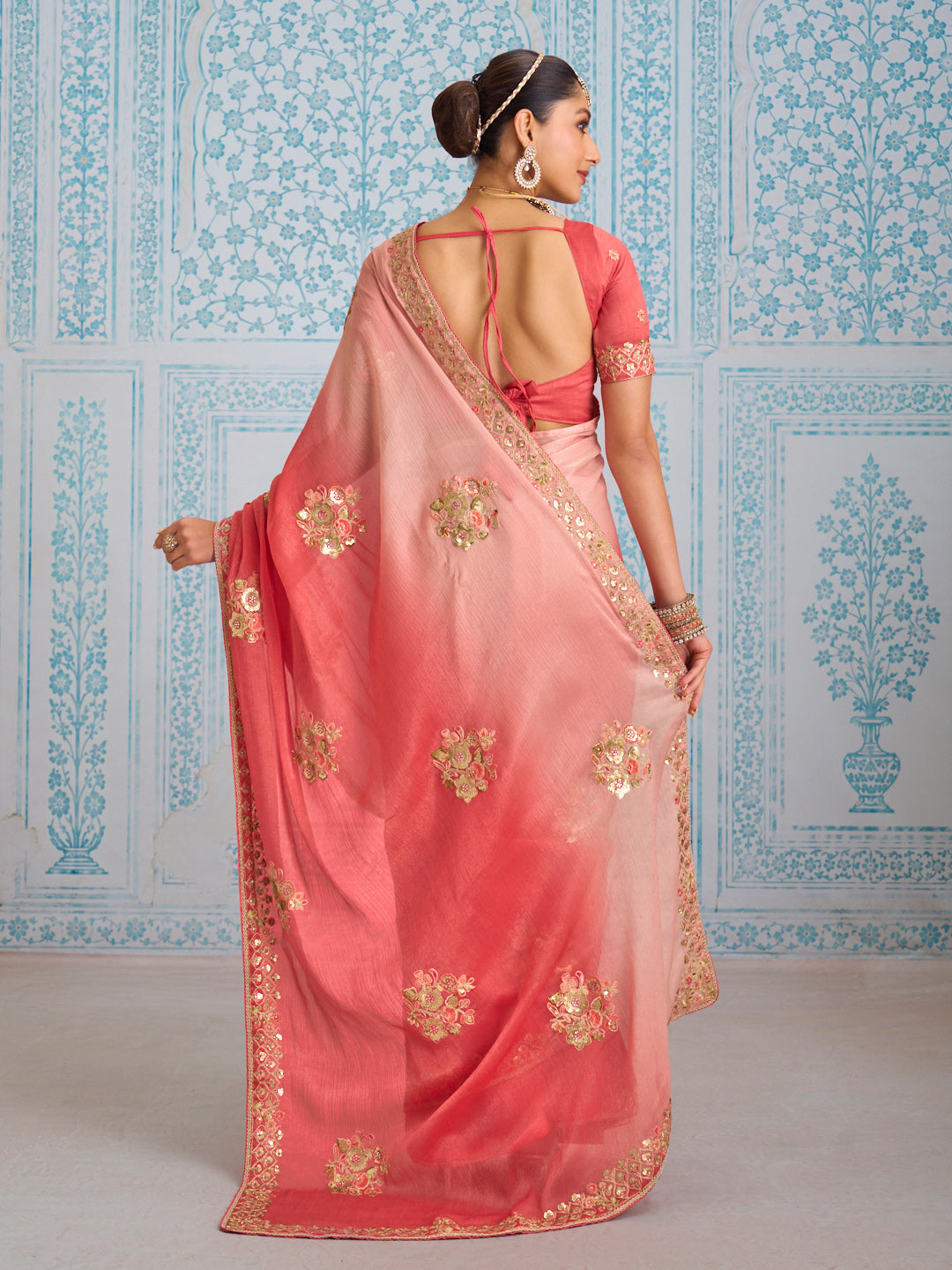 Laxmipati Aanya Peach Chiffon Embroidered Saree