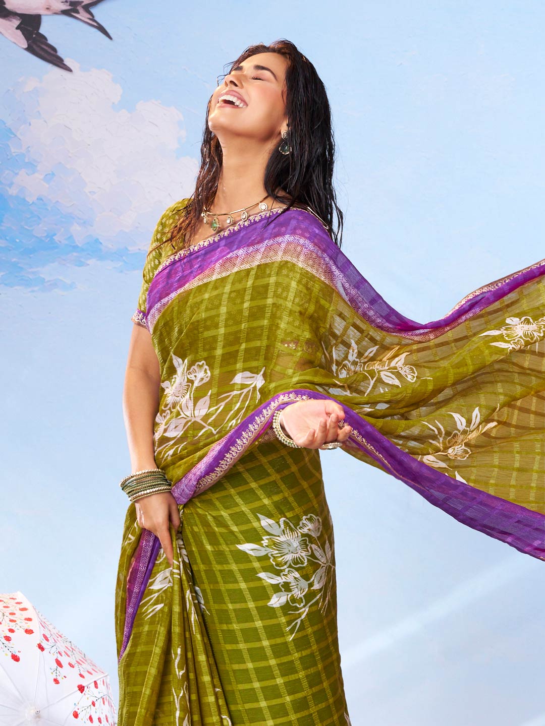 Olive Green embroidered chiffon saree ethnic wear 