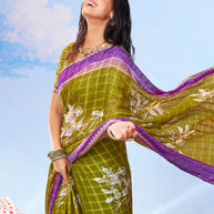 Olive Green embroidered chiffon saree ethnic wear 