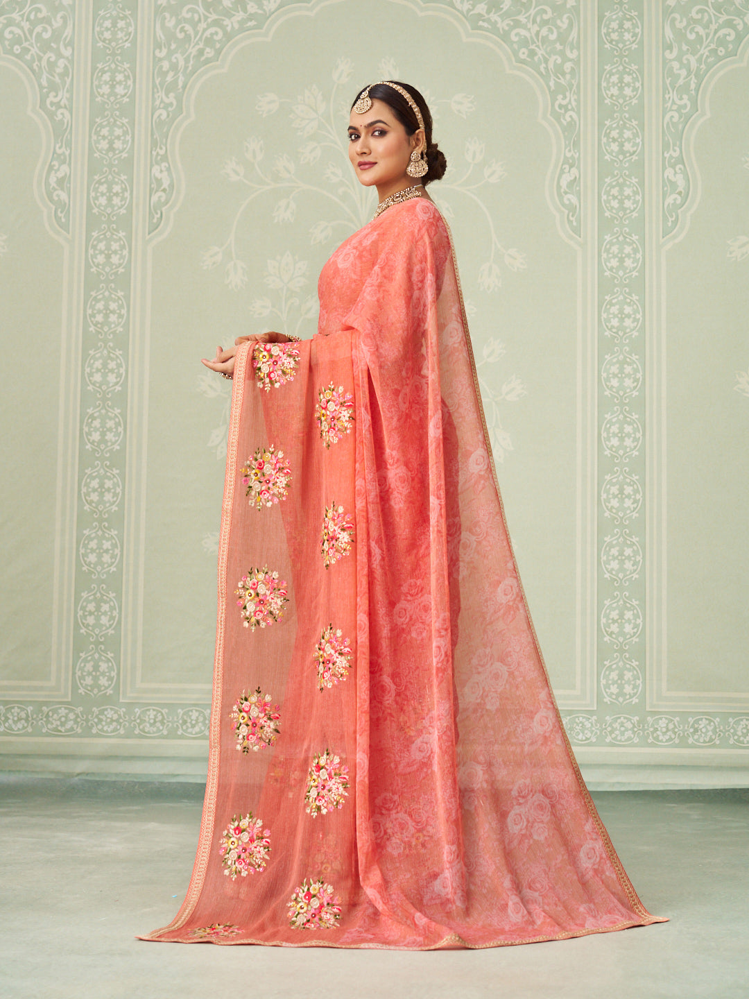 Peach floral embroidered chiffon saree daily wear