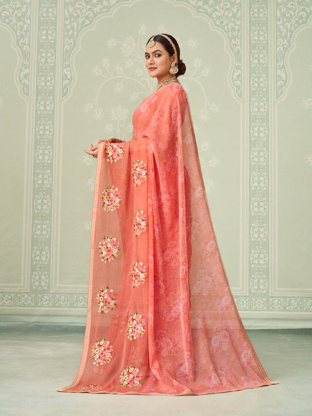 Peach floral embroidered chiffon saree daily wear