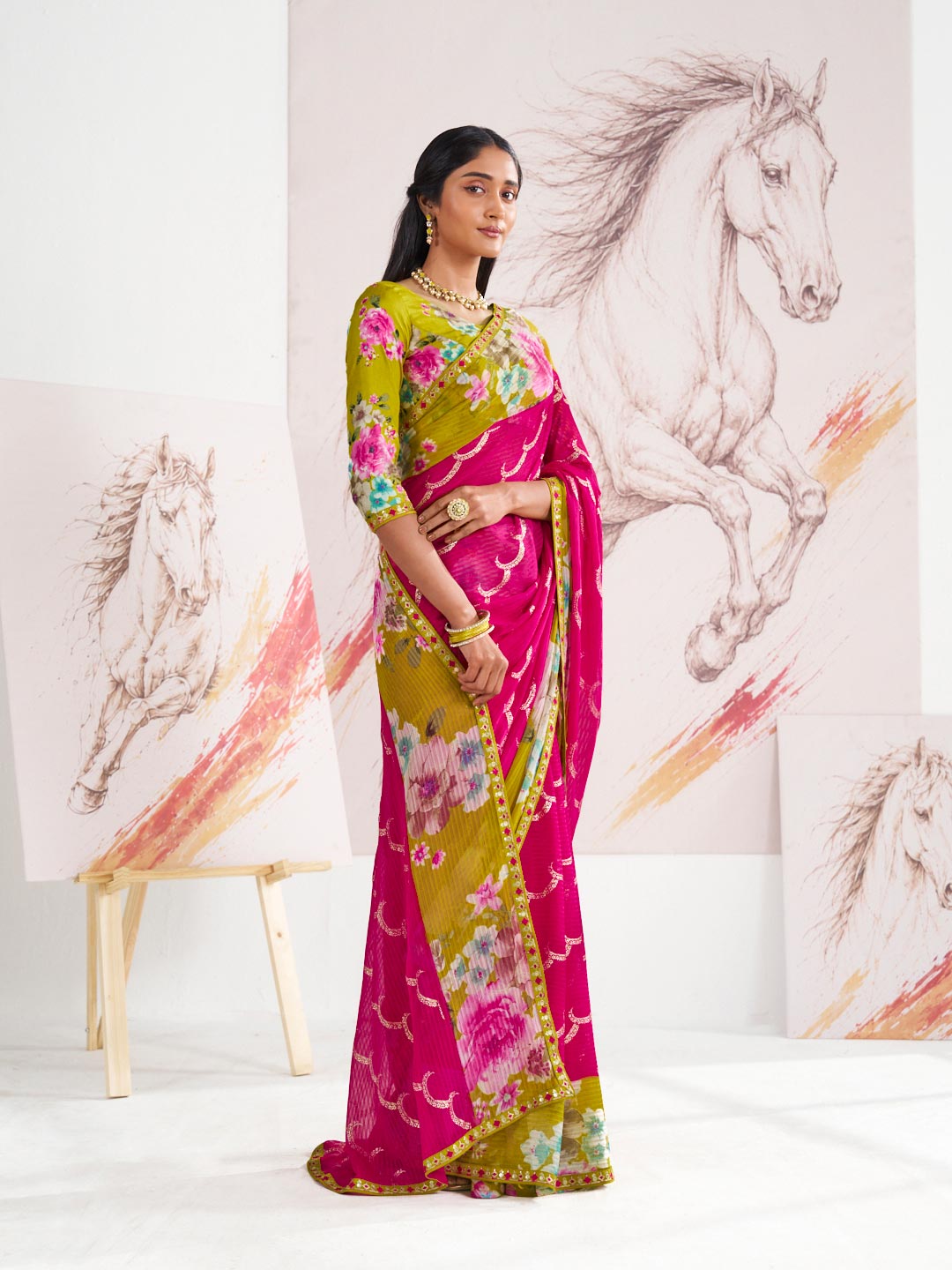 Laxmipati Murli Pink Chiffon Floral Saree