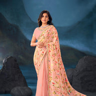 Peach floral printed georgette saree daily wear