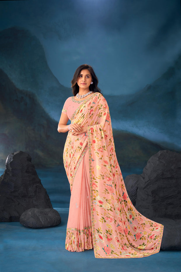 Peach floral printed georgette saree daily wear