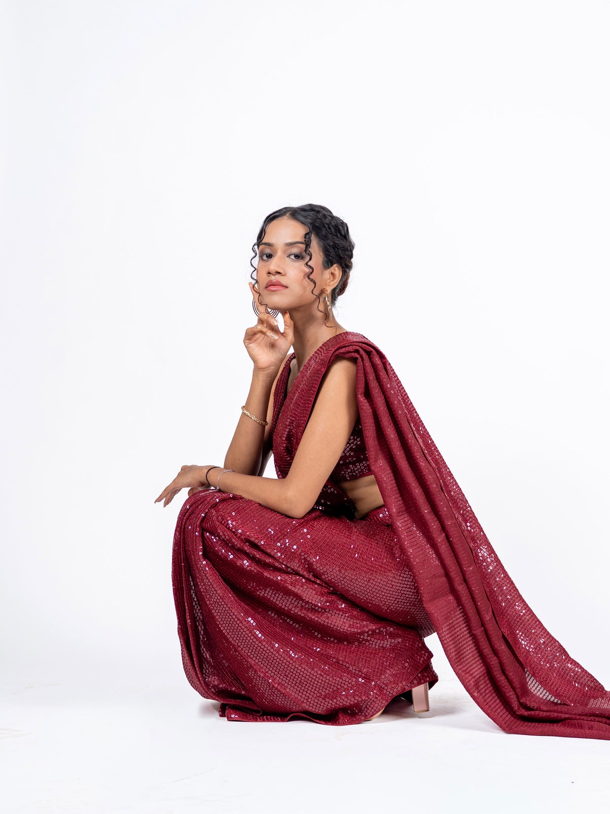Maroon sequin embroidered georgette saree bridal wear