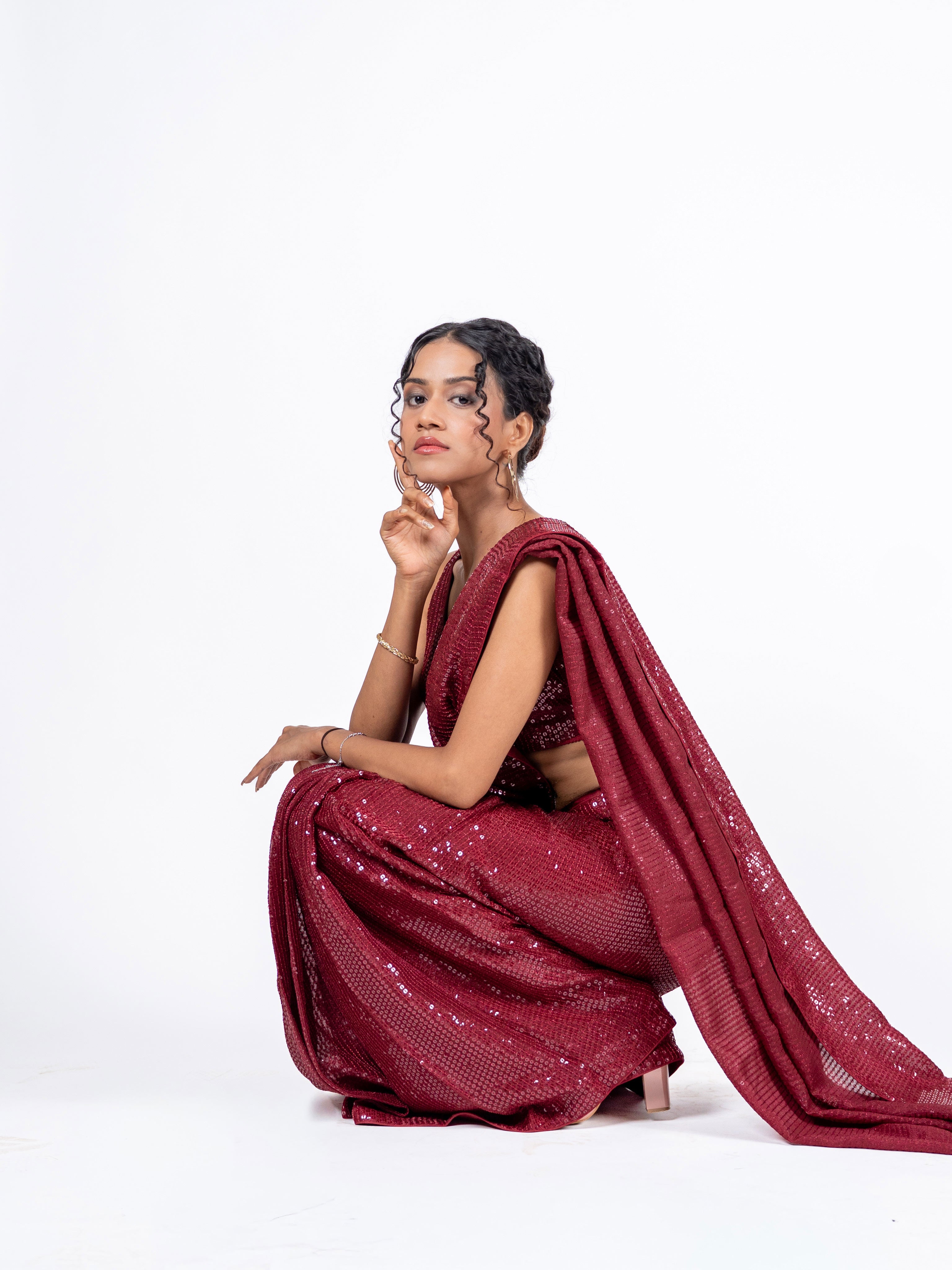 Maroon sequin embroidered georgette saree bridal wear