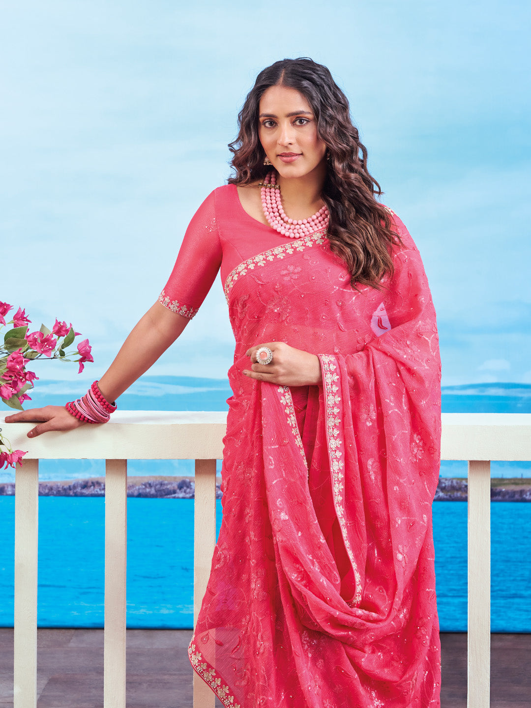 Red sequin embroidered chiffon saree party wear 