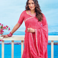 Red sequin embroidered chiffon saree party wear 