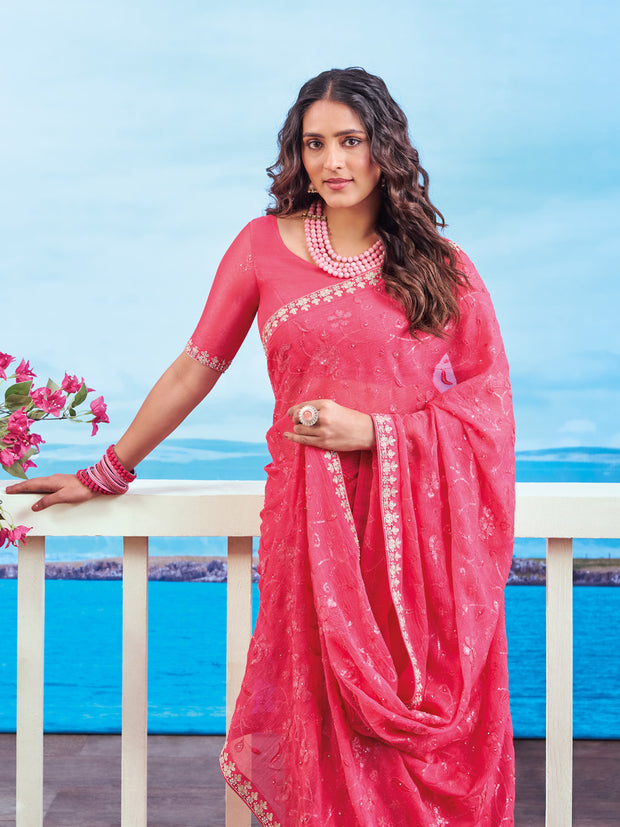 Red sequin embroidered chiffon saree party wear 