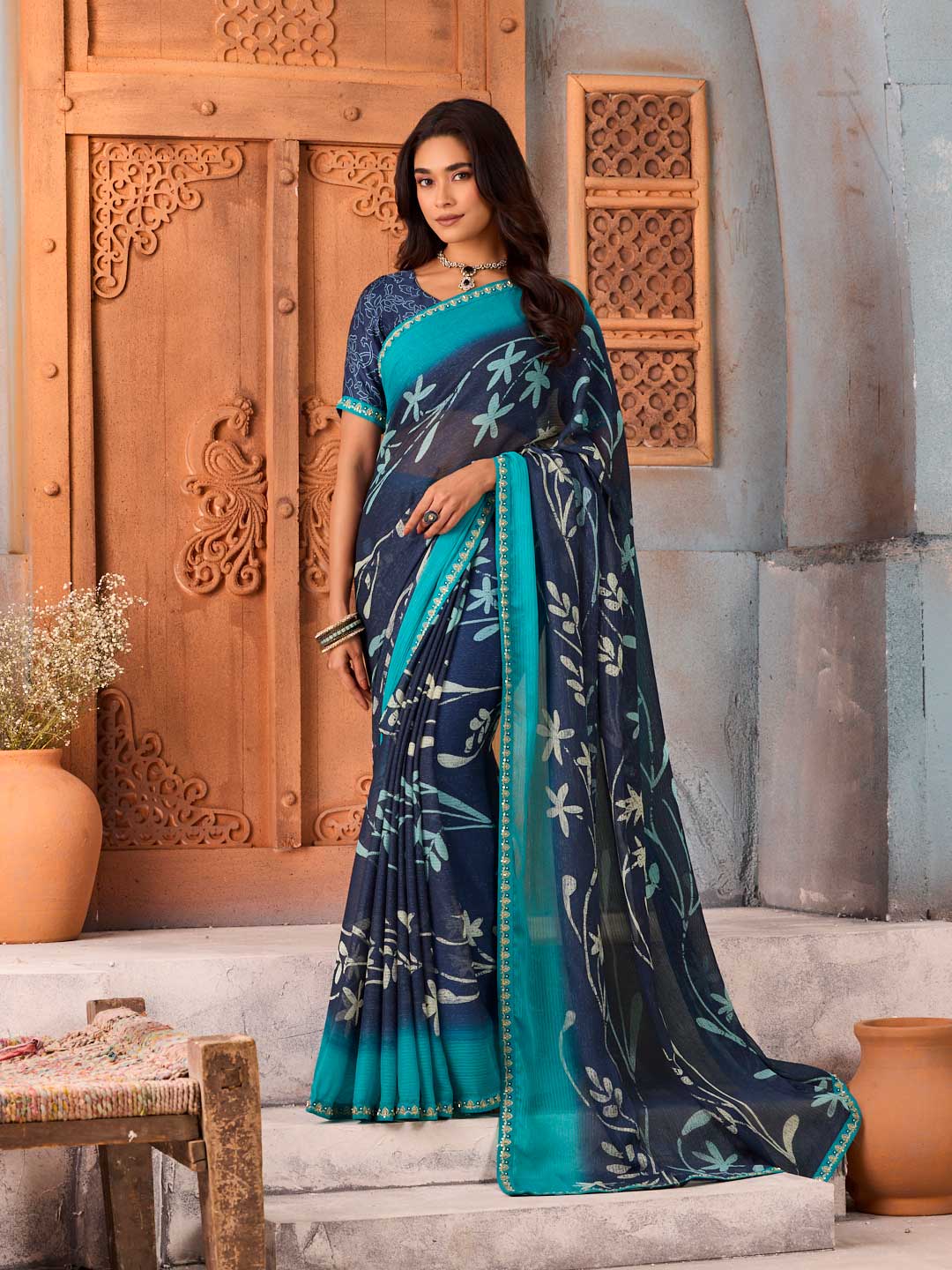 Navy Blue floral printed silk blend saree party wear