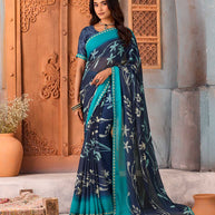 Navy Blue floral printed silk blend saree party wear