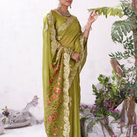 Olive embroidered saree lightweight look
