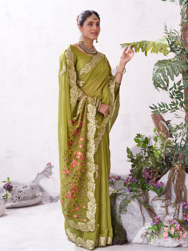 Olive embroidered saree lightweight look