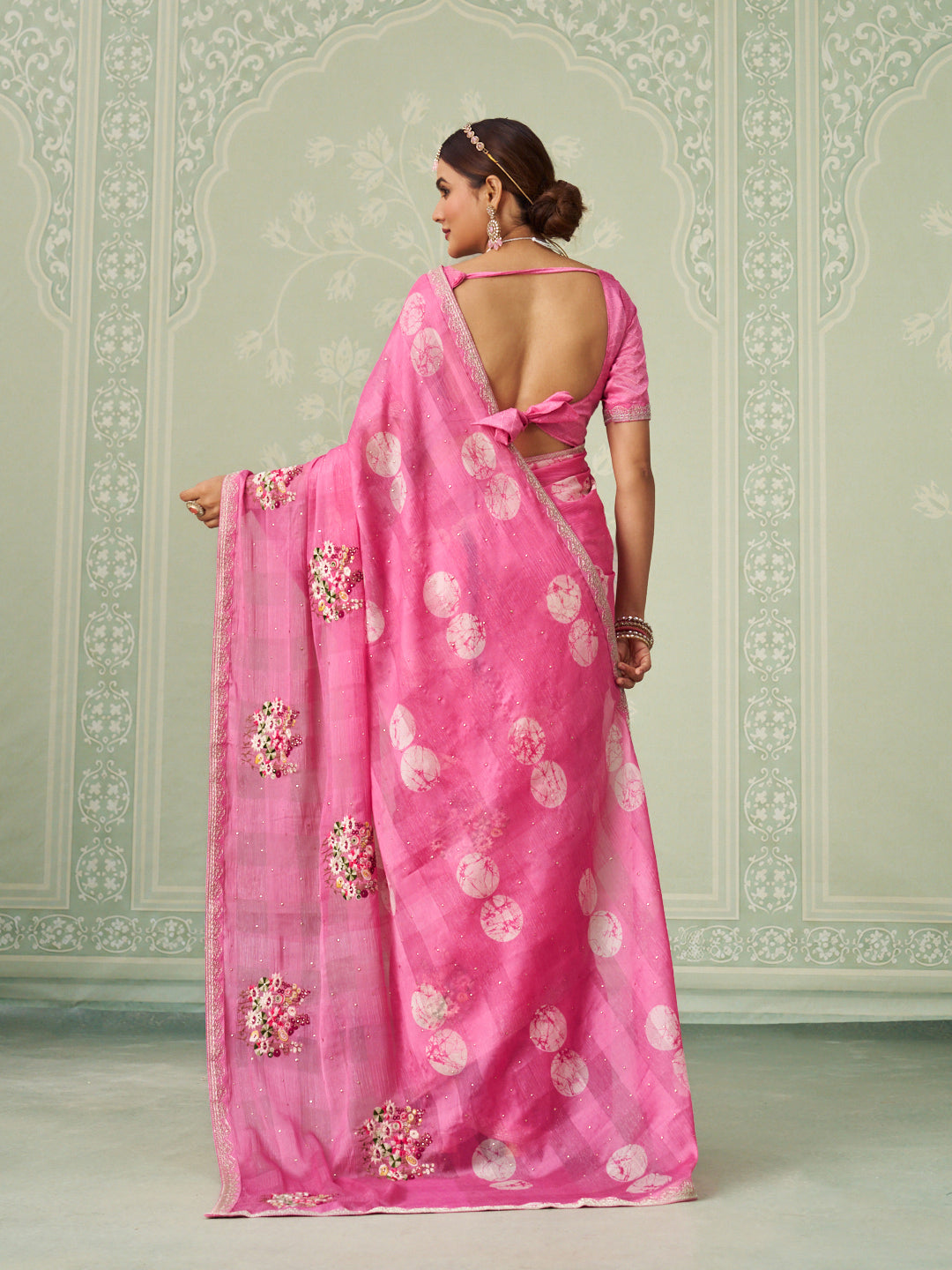 Pink floral embroidered chiffon saree festive wear