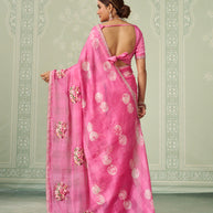 Pink floral embroidered chiffon saree festive wear