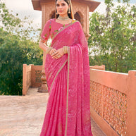 Pink chiffon floral print saree with sequin motifs