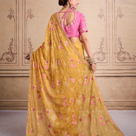 Yellow embroidered tissue organza saree party wear